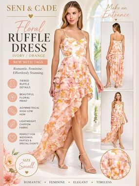 Seni & Cade Floral Asymmetric Ruffle High Low Dress Ivory Orange Small NWT